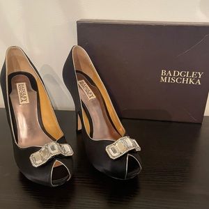 Badgley Mischka Elia black satin peep toe heels pumps